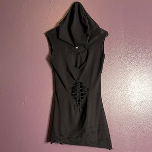 S Black Hooded Sleeveless Mini Dress with Back Cut-Outs Festival Fashion